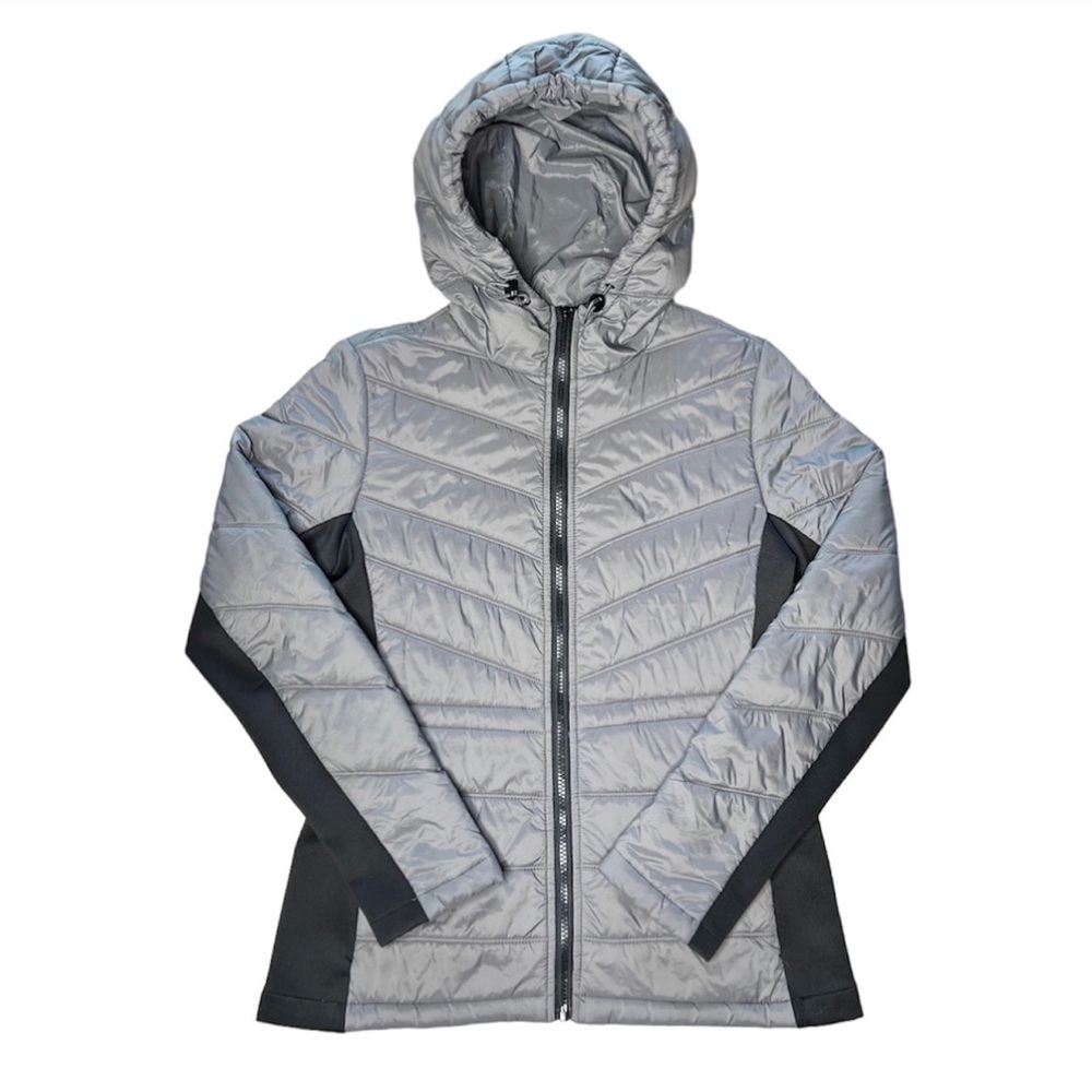 Guess Hooded Packable Puffer Jacket w/ Cinched Waist Pockets Gray, Women’s Small